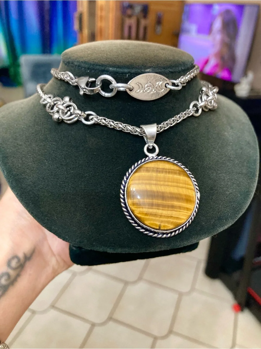 Golden brown tiger eye round gemstone charm Celtic knot steel necklace